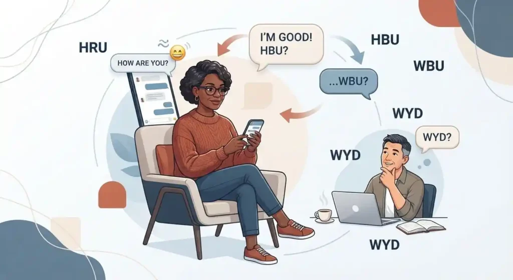 Visual comparison of HRU, HBU, WBU, and WYD texting abbreviations