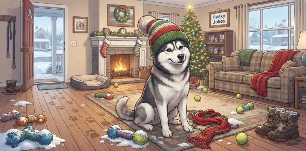 Husky playing with winter toys