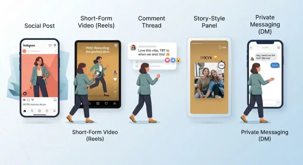Social media slang appearing across captions, comments, Stories, videos, and direct messages