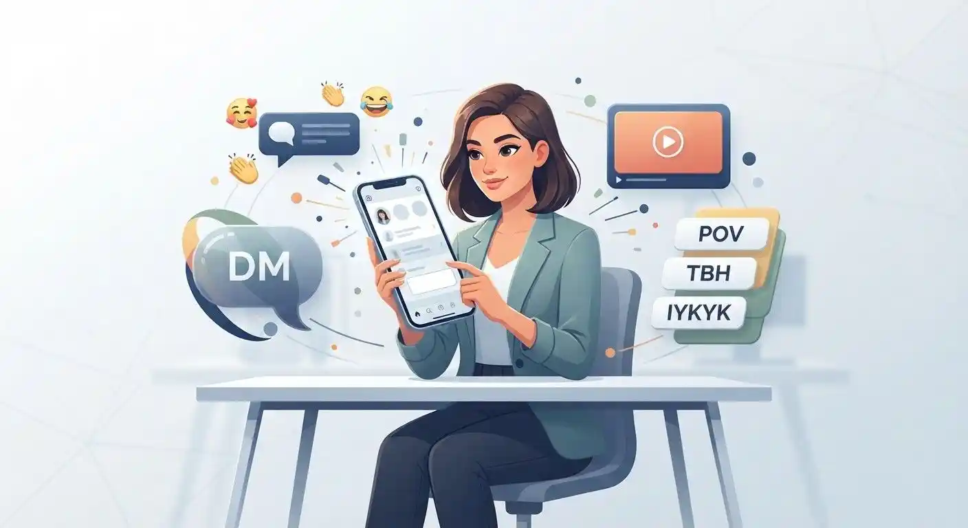 Adult using a smartphone surrounded by common social media slang and messaging expressions