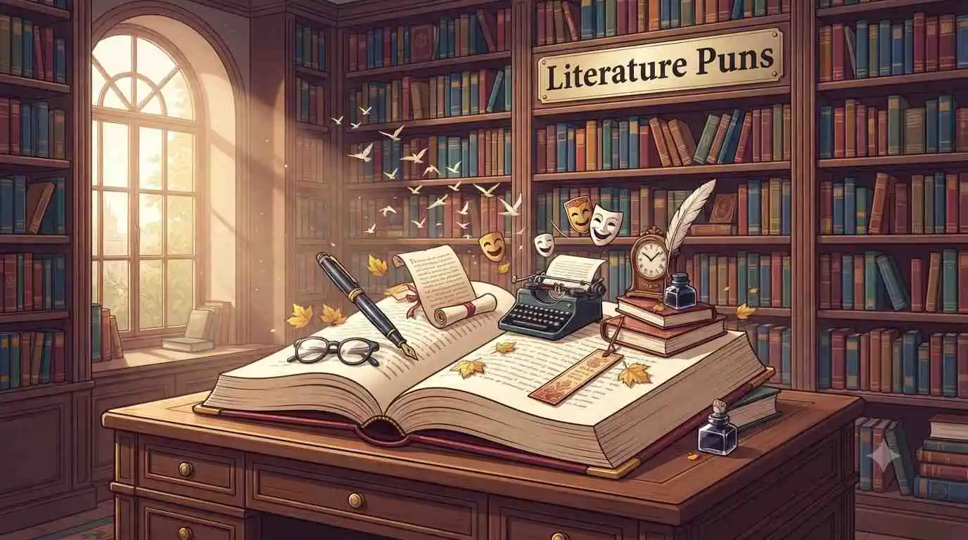 Open book with literary objects