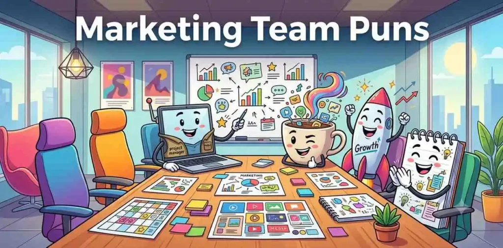 Funny marketing team brainstorming together