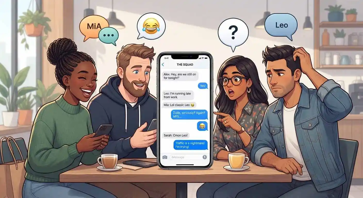Adults discussing the slang abbreviation MFS in a casual group chat