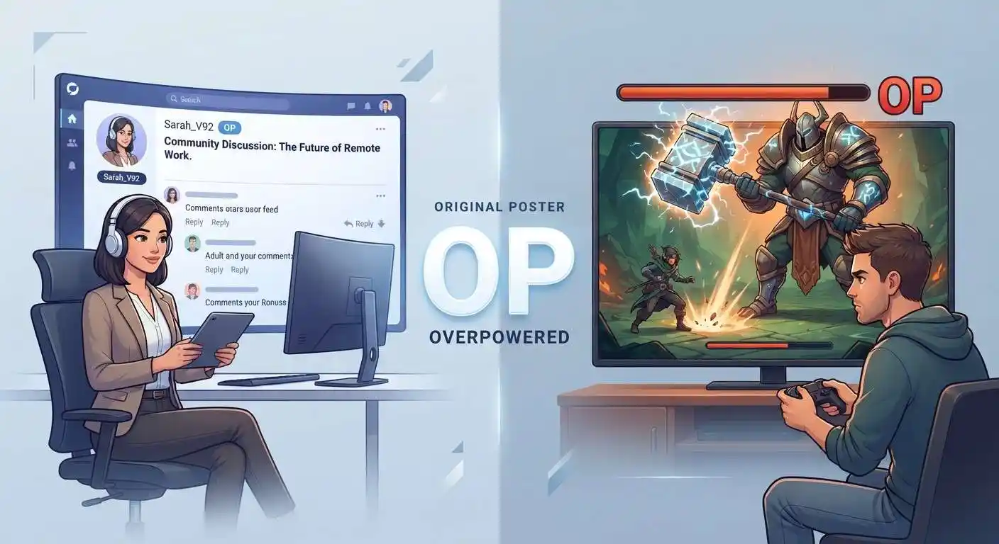 Illustration showing OP as Original Poster and Overpowered in gaming