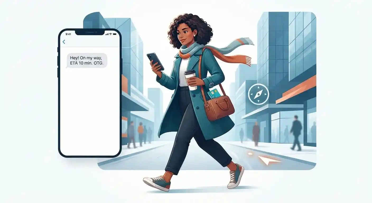 Adult checking a phone while out and about, illustrating OTG meaning on the go in text