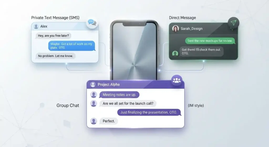 Smartphone showing OTG used in text messages, DMs, and a group chat