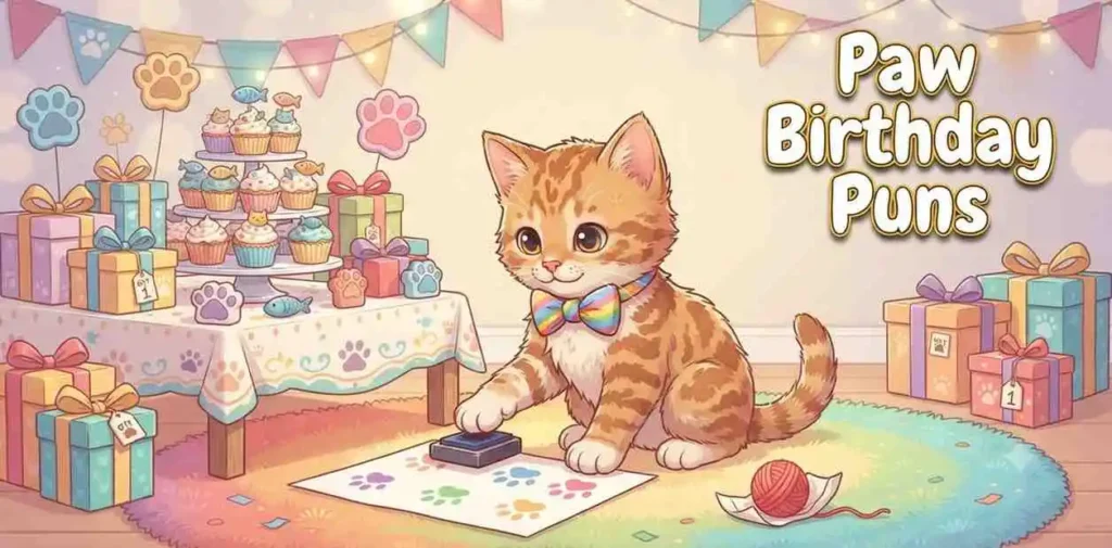 Kitten with paw birthday decorations