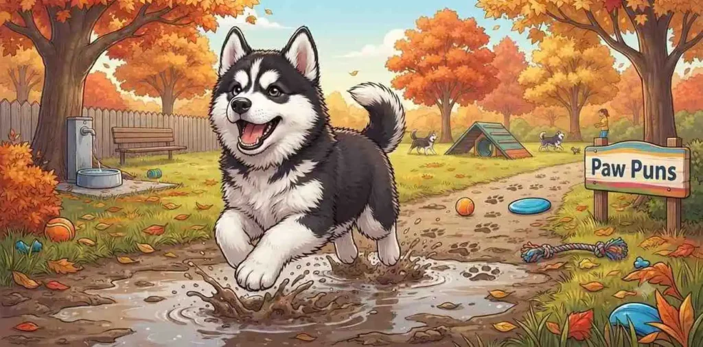 Husky showing muddy paw prints
