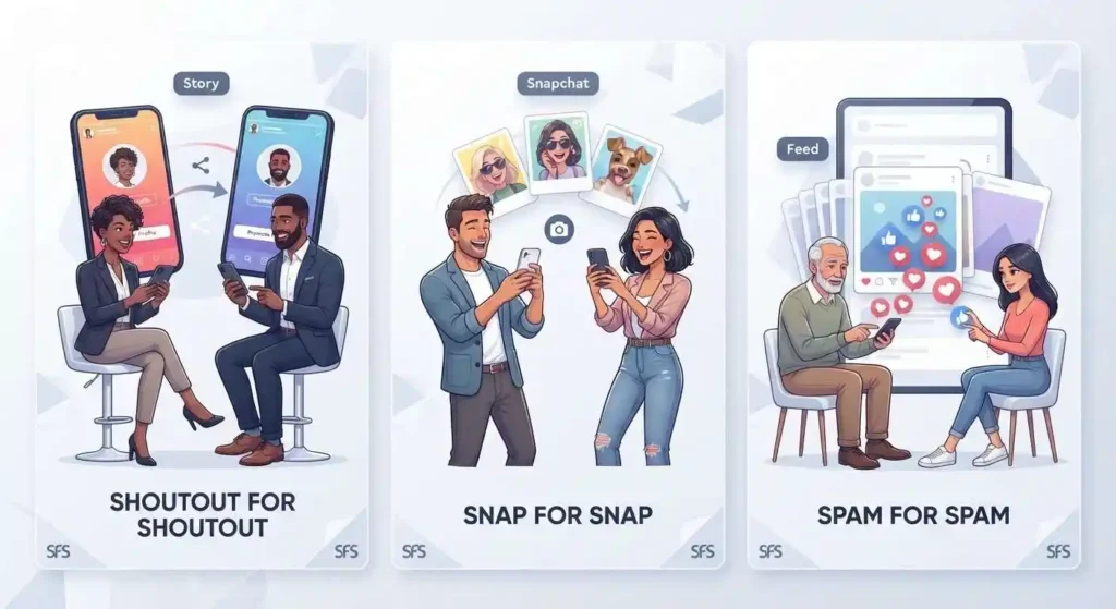 Comparison of SFS as shoutout for shoutout, snap for snap, and spam for spam