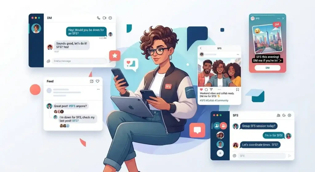SFS appearing in social media DMs, Stories, comments, captions, and group chats