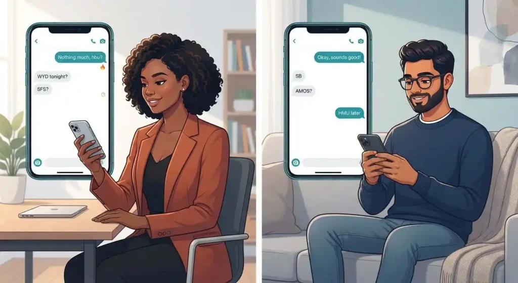 Two adults using common Snapchat slang in a casual chat