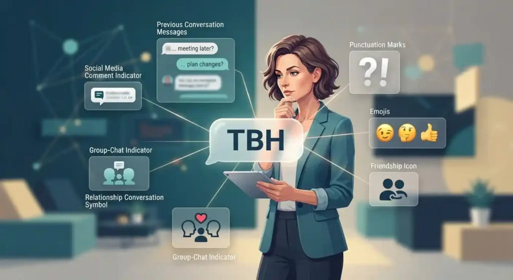 Adult interpreting social media slang using conversation context, punctuation, emojis, and surrounding messages