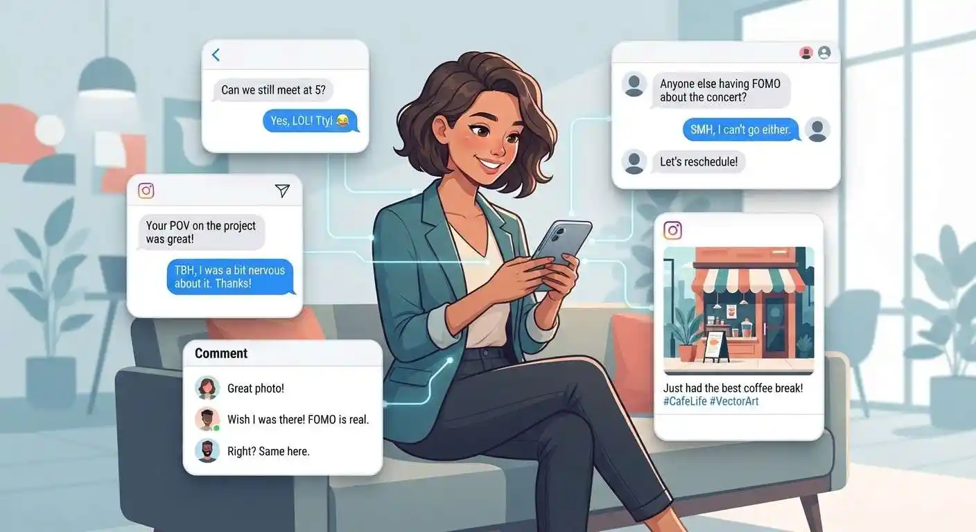 Adult using a smartphone surrounded by examples of social media slang in texts, DMs, posts, and comments