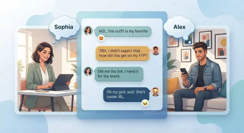 Two friends using common social media slang in a casual online conversation