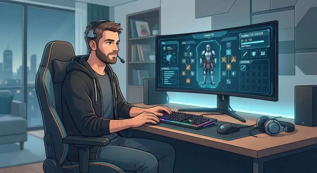 Adult gamer viewing SP as skill points in a game interface
