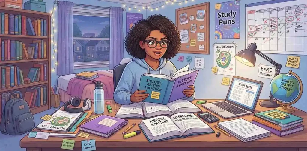 Student studying with books