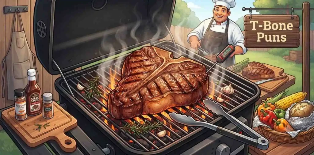 Grilled T-bone steak on grill