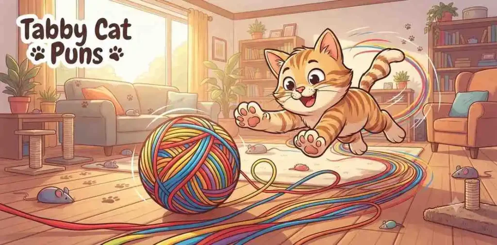 Striped tabby cat chasing yarn