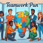 Funny office team collaborating happily