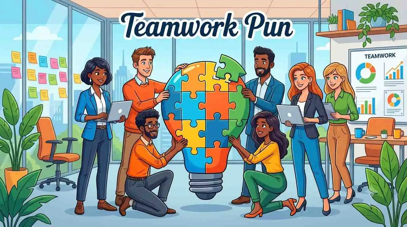 Funny office team collaborating happily