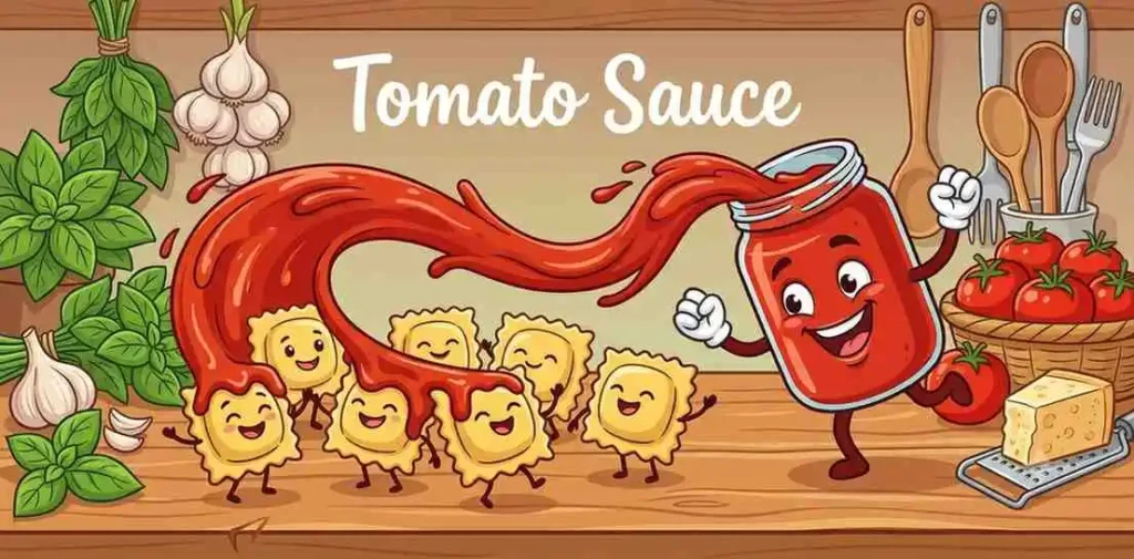 Cheerful tomato sauce dancing happily