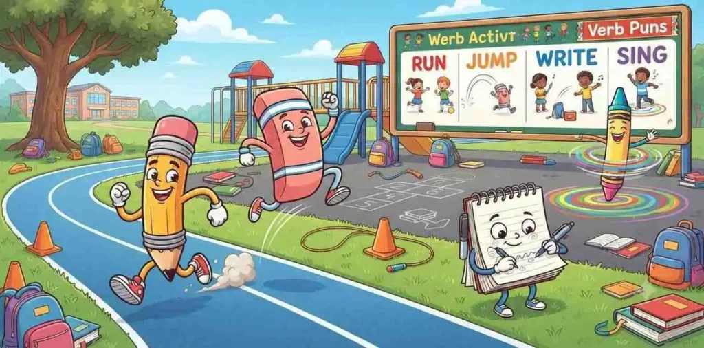 Playful characters showing verb actions
