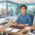 Happy man enjoying office work
