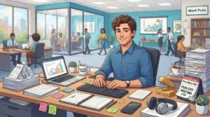 Happy man enjoying office work