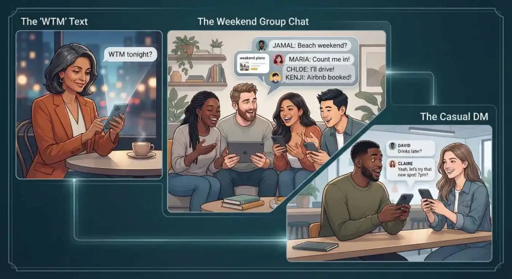 Adults using WTM in casual texts, DMs, and group conversations