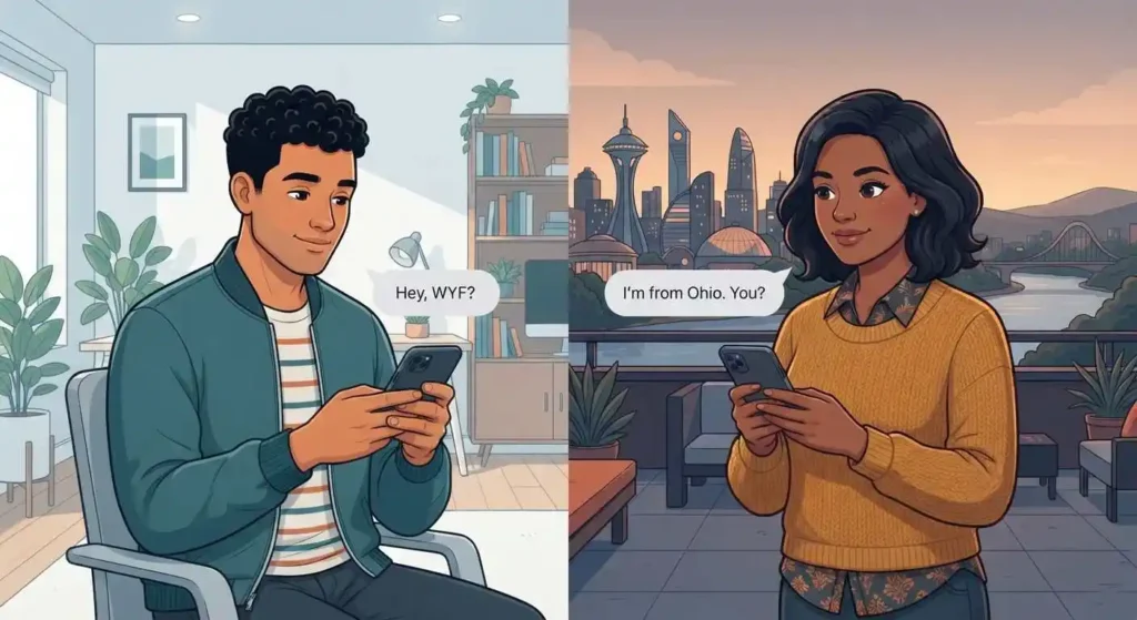 Two adults using WYF to ask about where someone is from