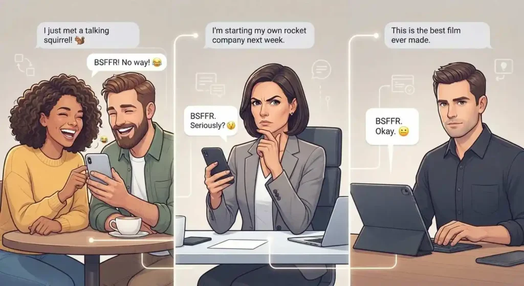 Adult conversations showing playful, serious, and blunt uses of BSFFR