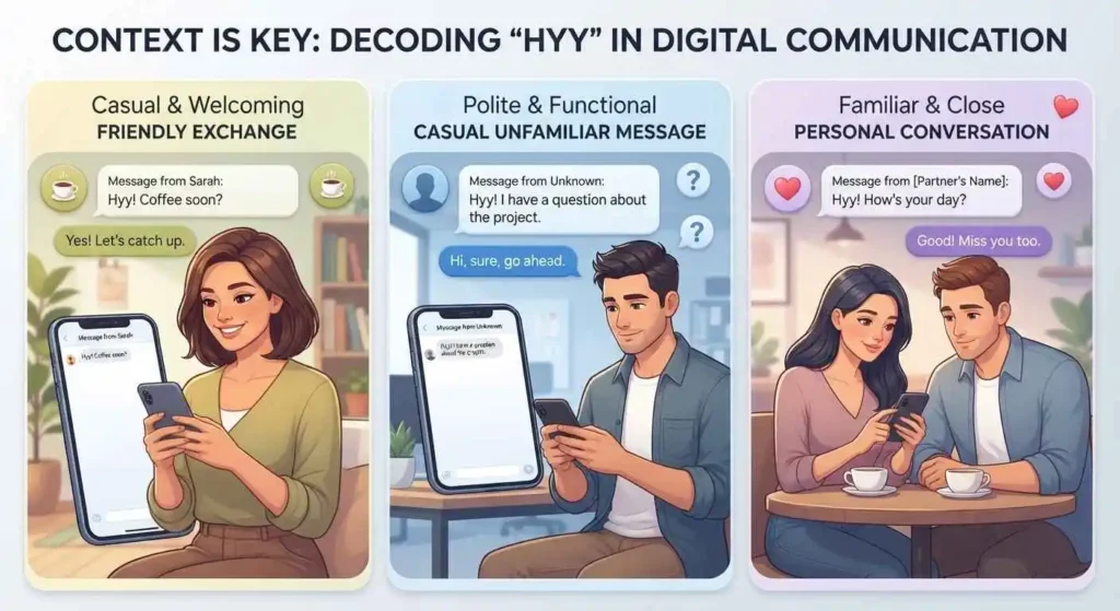 HYY greeting shown in friendly and personal conversation contexts