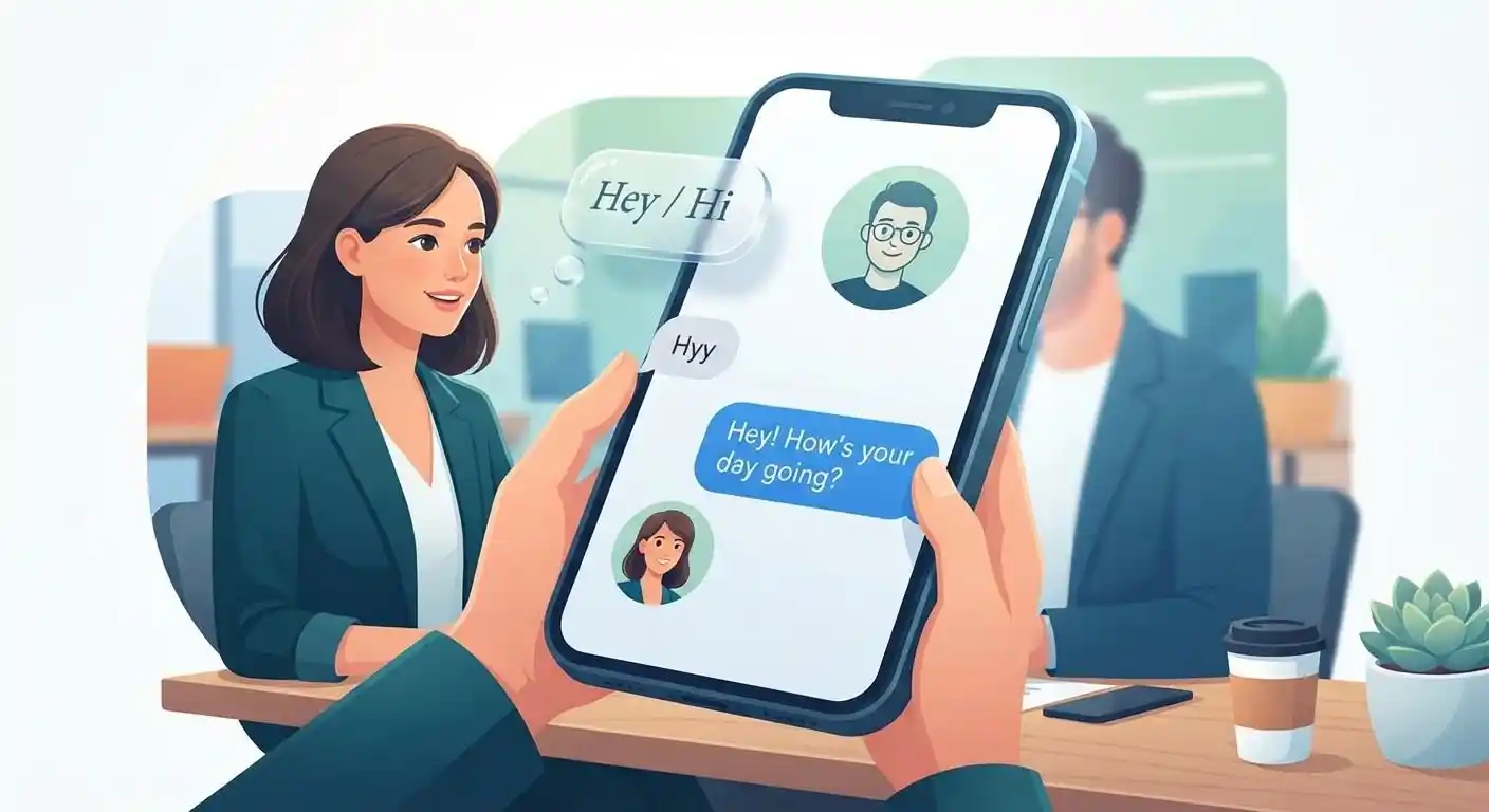 Adult texting a casual HYY greeting on a smartphone