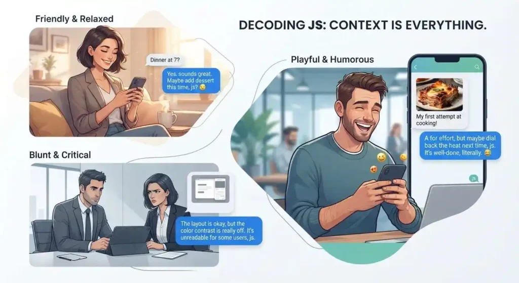 Three texting situations showing friendly playful and critical tones of JS