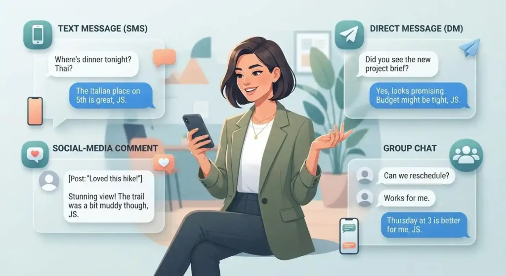 Different casual messaging contexts where JS means just saying