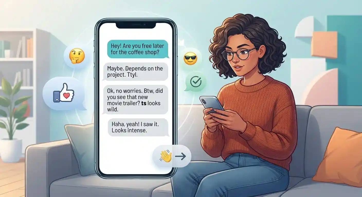 Adult reading a text message showing how TS can have different meanings depending on context.