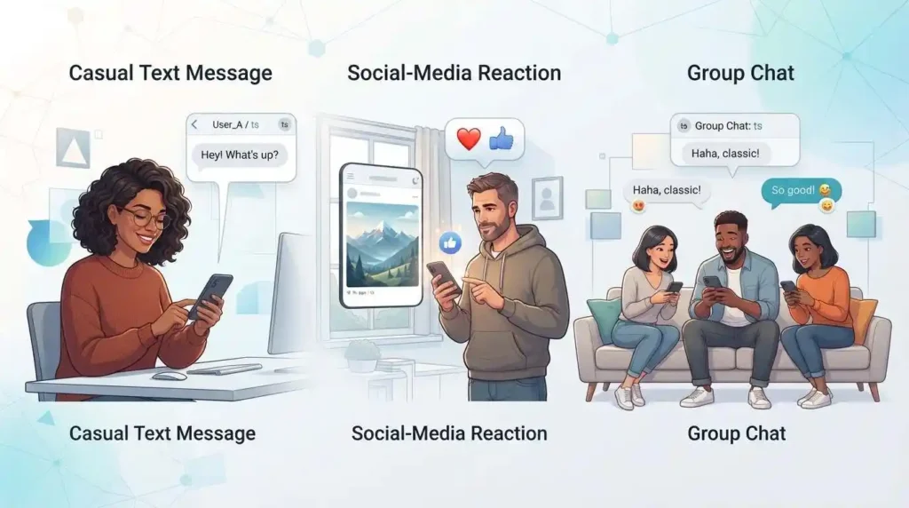 Adults using TS in casual texts, social-media reactions, and group chats.