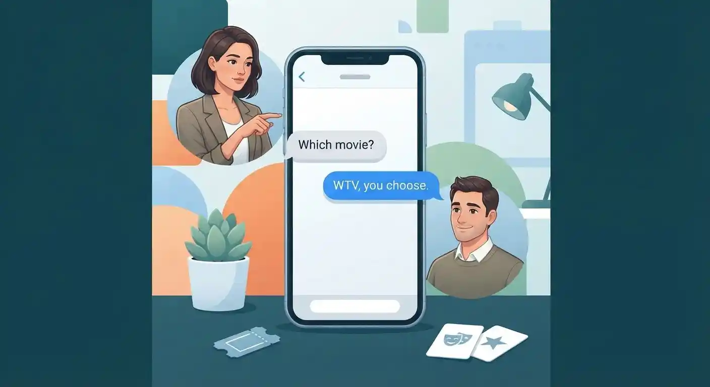 Smartphone conversation showing WTV used to mean whatever in a casual text
