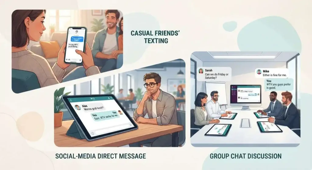Examples of WTV used in texts, direct messages, and group chats