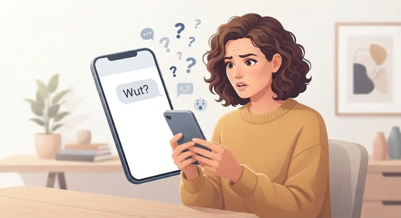 Adult reacting with surprise to a text message saying “Wut?”