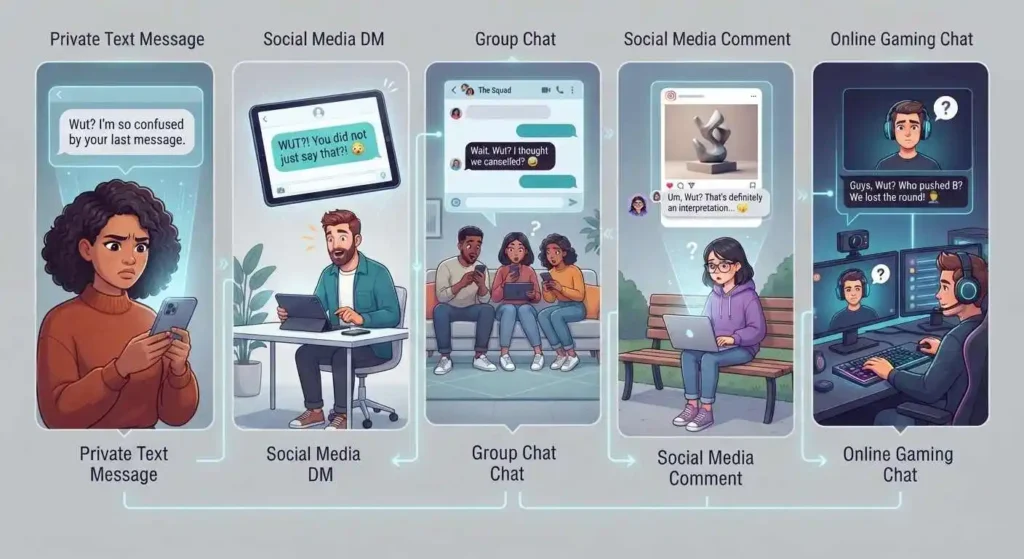 Examples of wut used in texts, DMs, group chats, social media, and gaming chats