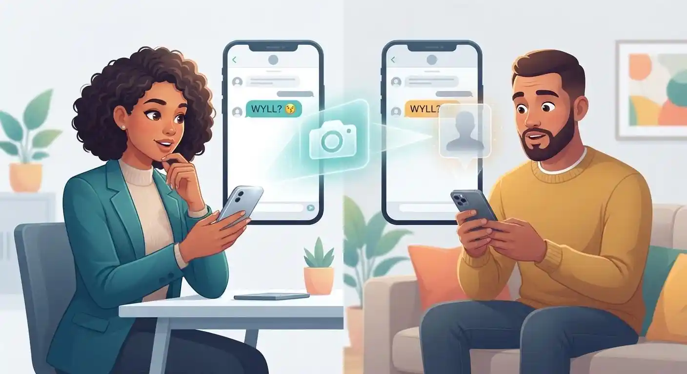 Adult chatting on a smartphone while asking WYLL, meaning what you look like