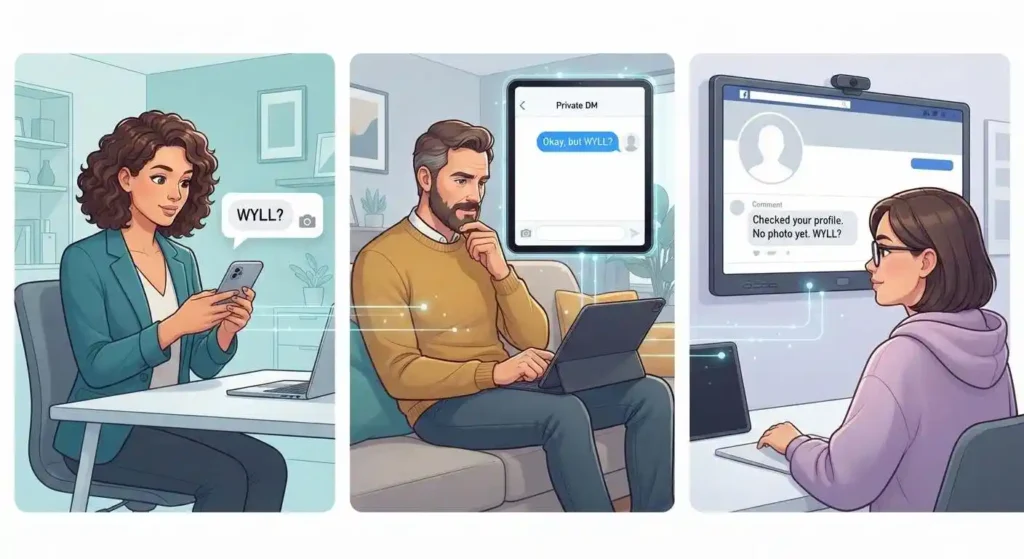 Examples of WYLL used in texts, private DMs, and social-media conversations